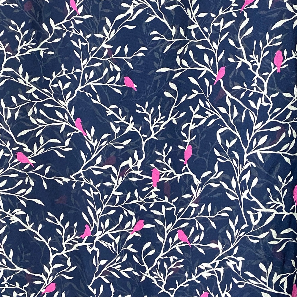 ‼️SOLD‼️ Torrid Sheer Blouse Cap Sleeve in Navy w/ White Vines & Pink Birds - Picture 7 of 10
